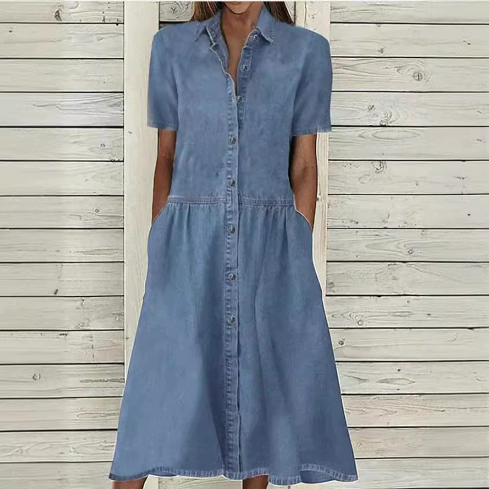 ZARA Spring Summer Denim Short Sleeve Shirt Collar Casual Dress